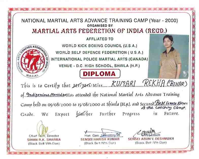 Best Female Player In National Martial Arts Advance Training Camp – 2000